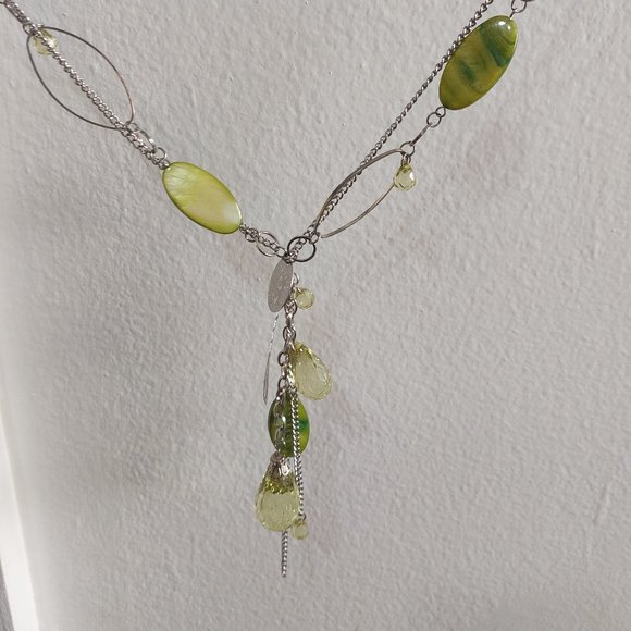 Long Slip On Green Color Green Beads Silver Necklace Chains - Picture 3 of 8